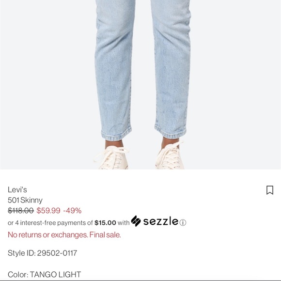 LEVIS 501 Skinny sz 24 tango light - Picture 7 of 8